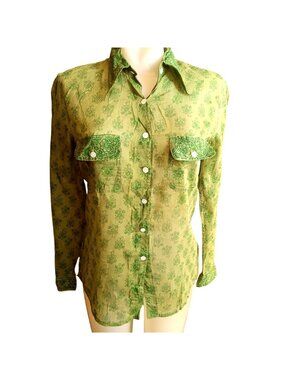 True Vintage Blouse XS Hand-Block Printed Sheer Green Cotton Button-Up Shirt Ind